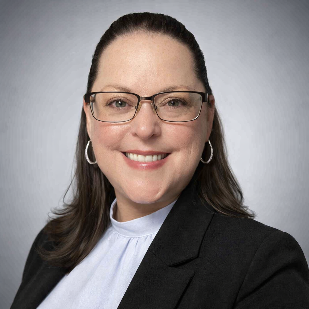 “Professional headshot of Christina, Regional Safety Manager and founder of Safety Savvy Co, wearing glasses and a black blazer, smiling confidently against a clean gray background — representing workplace safety leadership and consulting expertise.